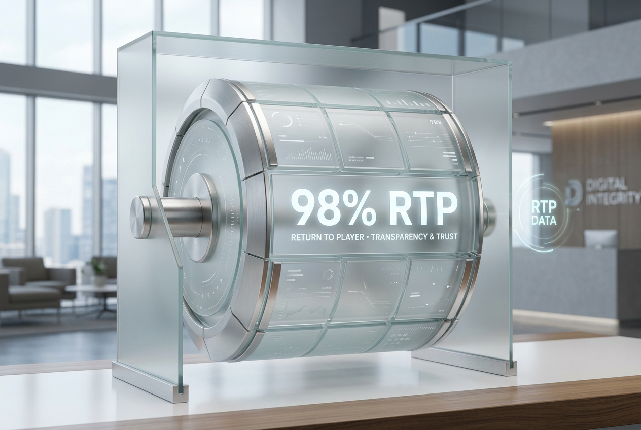 Minimalist 3D rendering of a slot machine reel with high RTP percentages