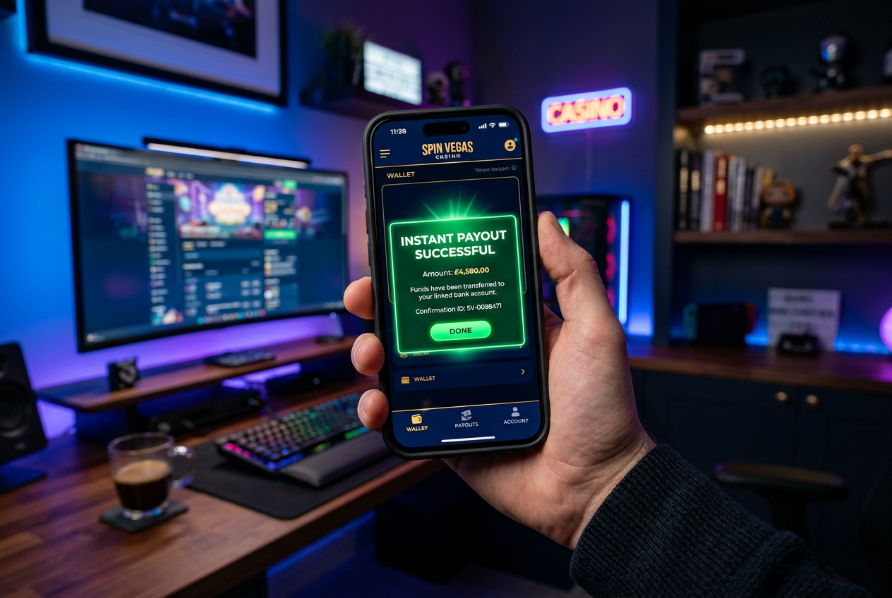 Smartfon z aplikacją kasynową wyświetlającą powiadomienie o udanej wypłacie