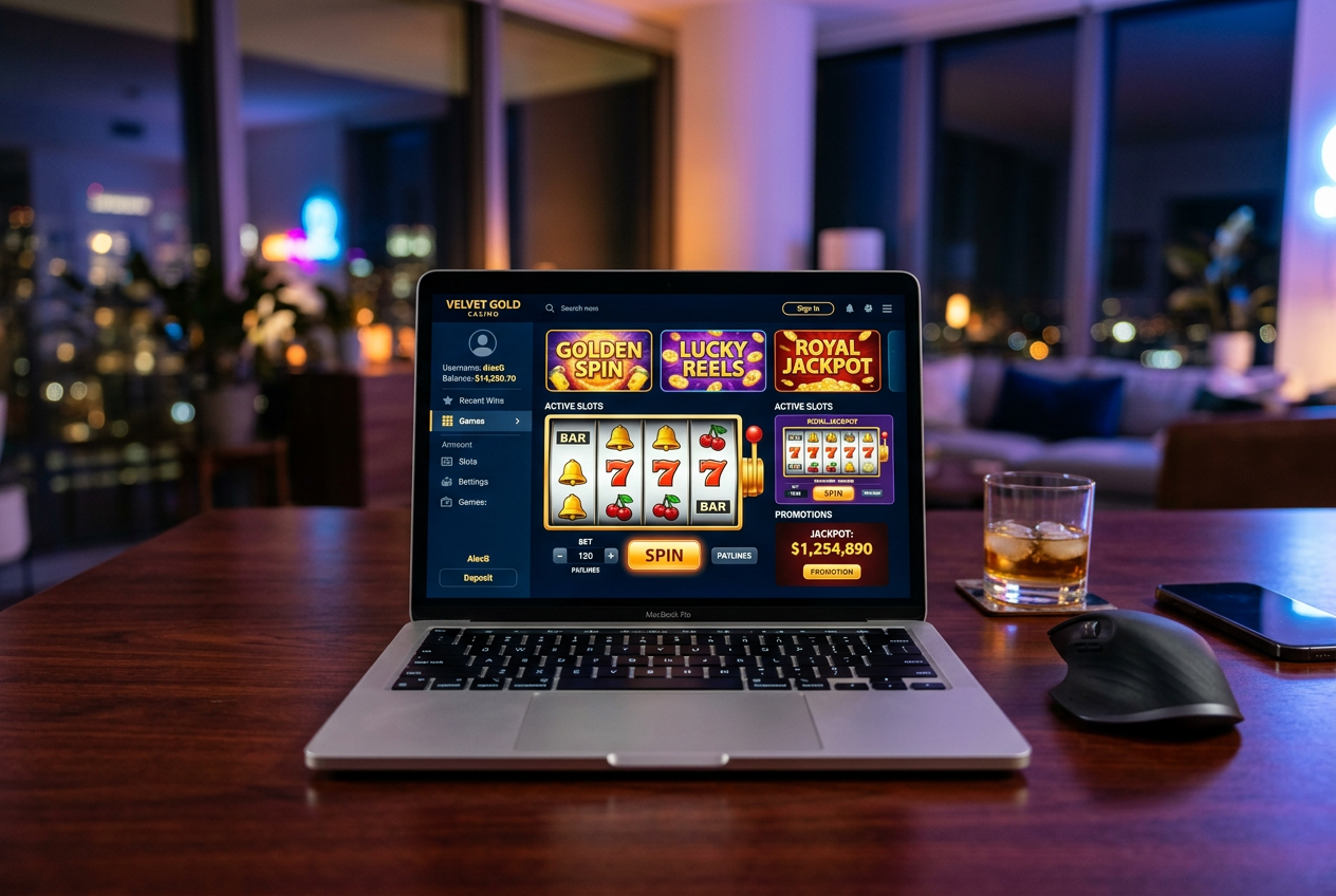 A high-end laptop displaying a colorful and modern online casino interface.